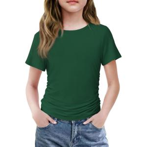 Arshiner Girls Shirts Side Ruched Short Sleeve Crewneck Fitted Tops Casual Summer Soft Tee Clothes 5-12 Years(Green)