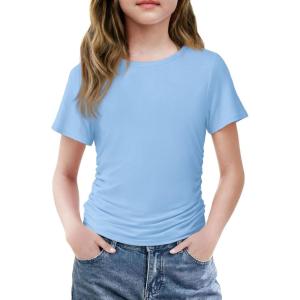 Arshiner Girls Shirts Side Ruched Short Sleeve Crewneck Fitted Tops Casual Summer Soft Tee Clothes 5-12 Years(Light Blue)