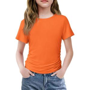 Arshiner Girls Shirts Side Ruched Short Sleeve Crewneck Fitted Tops Casual Summer Soft Tee Clothes 5-12 Years(Orange)