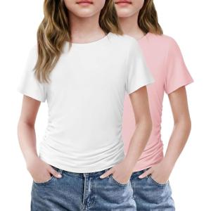 Arshiner Girls Shirts Side Ruched Short Sleeve Crewneck Fitted Tops Casual Summer Soft Tee Clothes 5-12 Years(Pink/White)