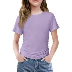 Arshiner Girls Shirts Side Ruched Short Sleeve Crewneck Fitted Tops Casual Summer Soft Tee Clothes 5-12 Years(Purple)