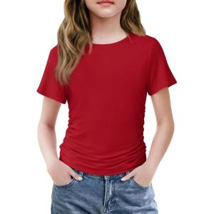 Arshiner Girls Shirts Side Ruched Short Sleeve Crewneck Fitted Tops Casual Summer Soft Tee Clothes 5-12 Years(Red)