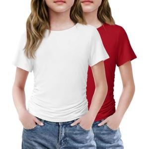 Arshiner Girls Shirts Side Ruched Short Sleeve Crewneck Fitted Tops Casual Summer Soft Tee Clothes 5-12 Years(Red/White)