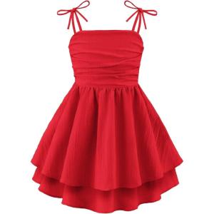 Arshiner Girls Summer Spaghetti Strap Dresses Flowy Tiered Ruched Smocked Back Casual Beach Midi Sundress(Red)