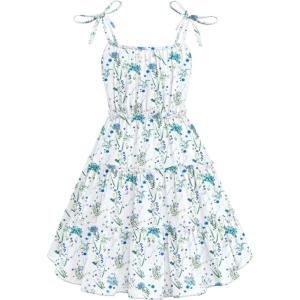 Arshiner Girls’ Summer Sundress Boho Spaghetti Strap Ruffled Tiered Dresses Casual Midi Cami Dress(Green and White-floral)