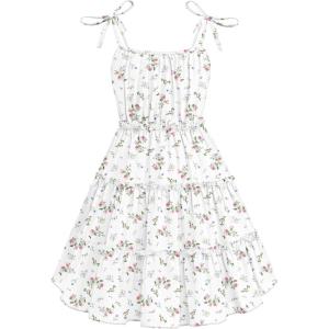 Arshiner Girls’ Summer Sundress Boho Spaghetti Strap Ruffled Tiered Dresses Casual Midi Cami Dress(Pink and White-floral)
