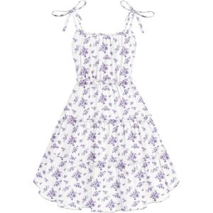 Arshiner Girls’ Summer Sundress Boho Spaghetti Strap Ruffled Tiered Dresses Casual Midi Cami Dress(Purple and White-floral)