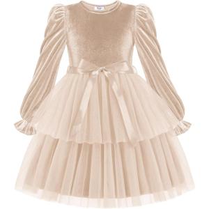 Arshiner Girls Velvet Tutu Dress Toddler Puff Long Sleeve Tiered Tulle Fall Winter Party Dresses with Ribbon(Champagne)