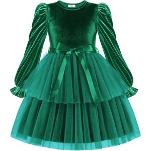 Arshiner Girls Velvet Tutu Dress Toddler Puff Long Sleeve Tiered Tulle Fall Winter Party Dresses with Ribbon(Dark Green)