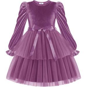 Arshiner Girls Velvet Tutu Dress Toddler Puff Long Sleeve Tiered Tulle Fall Winter Party Dresses with Ribbon(Fuchsia)