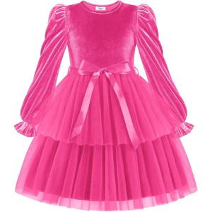 Arshiner Girls Velvet Tutu Dress Toddler Puff Long Sleeve Tiered Tulle Fall Winter Party Dresses with Ribbon(Hot Pink)