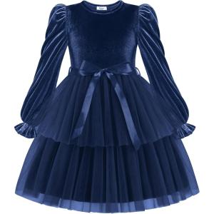 Arshiner Girls Velvet Tutu Dress Toddler Puff Long Sleeve Tiered Tulle Fall Winter Party Dresses with Ribbon(Navy Blue)