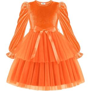Arshiner Girls Velvet Tutu Dress Toddler Puff Long Sleeve Tiered Tulle Fall Winter Party Dresses with Ribbon(Orange)