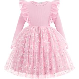 Arshiner Toddler Dress Baby Girls Tutu Tiered Formal Party Sequin Tulle Dresses Fall Winter Clothes for 1-6 Years(Pink Daisy)