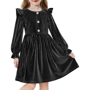 Arshiner Toddler Girls Long Sleeve Velvet Dress Ruffled Crew Neck Midi A-Line Fall Vintage Dress with Pockets for Kids 2-8Y(Black)