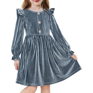 Arshiner Toddler Girls Long Sleeve Velvet Dress Ruffled Crew Neck Midi A-Line Fall Vintage Dress with Pockets for Kids 2-8Y(Gray Blue)