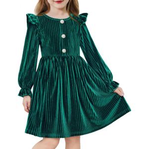 Arshiner Toddler Girls Long Sleeve Velvet Dress Ruffled Crew Neck Midi A-Line Fall Vintage Dress with Pockets for Kids 2-8Y(Green)