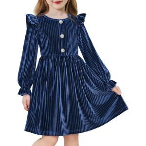 Arshiner Toddler Girls Long Sleeve Velvet Dress Ruffled Crew Neck Midi A-Line Fall Vintage Dress with Pockets for Kids 2-8Y(Navy Blue)