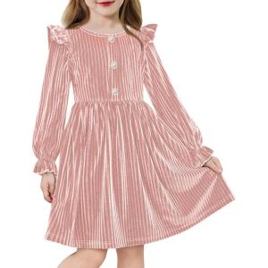 Arshiner Toddler Girls Long Sleeve Velvet Dress Ruffled Crew Neck Midi A-Line Fall Vintage Dress with Pockets for Kids 2-8Y(Pink)