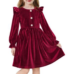 Arshiner Toddler Girls Long Sleeve Velvet Dress Ruffled Crew Neck Midi A-Line Fall Vintage Dress with Pockets for Kids 2-8Y(Red)