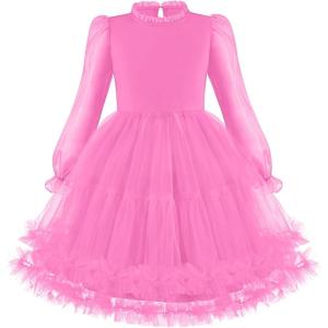 Arshiner Toddler Tutu Dress Girls Puff Long Sleeve Fall Winter Formal Party Tulle Dresses 3-8Y(Peach Pink)