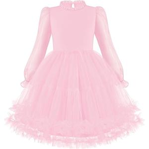 Arshiner Toddler Tutu Dress Girls Puff Long Sleeve Fall Winter Formal Party Tulle Dresses 3-8Y(Pink)
