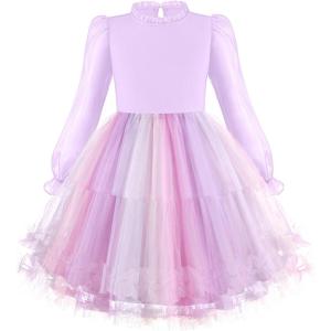 Arshiner Toddler Tutu Dress Girls Puff Long Sleeve Fall Winter Formal Party Tulle Dresses 3-8Y(Purple Rainbow)
