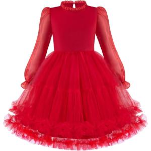 Arshiner Toddler Tutu Dress Girls Puff Long Sleeve Fall Winter Formal Party Tulle Dresses 3-8Y(Red)