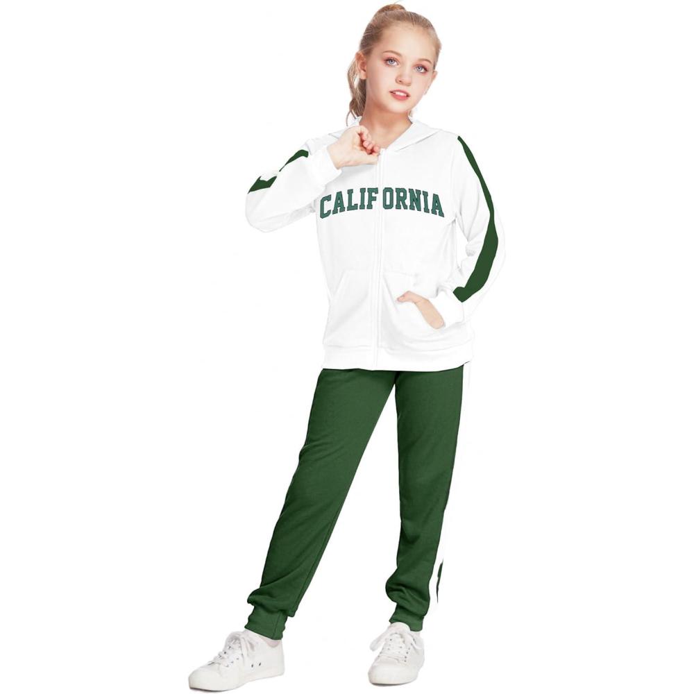 image:imageArshiner Girls 2 Piece Outfits Sweatsuits Zip Up Hoodie Sweatshirt and Sweatpant Athletic Tracksuit Jogger SetGreen Letter Print