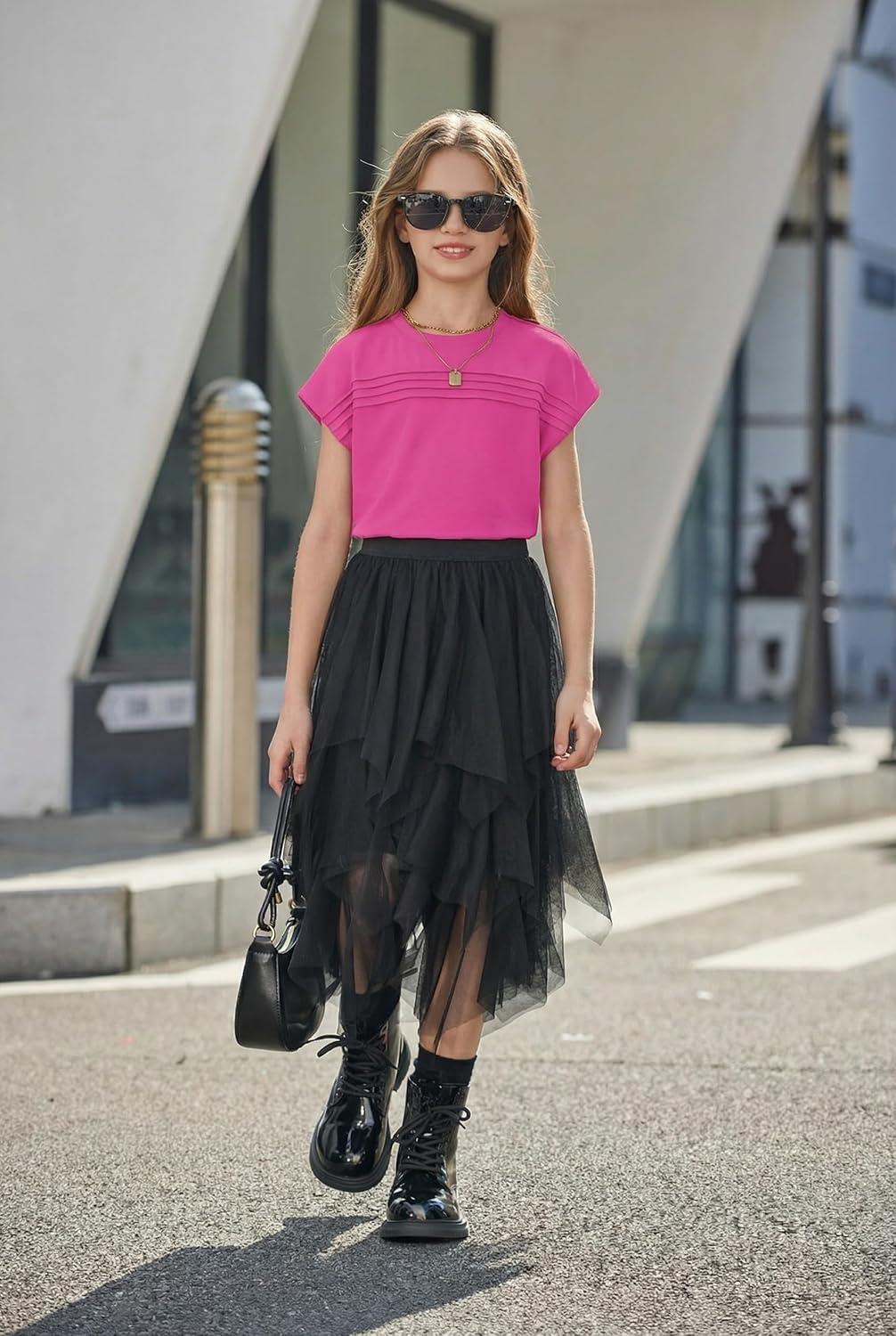 image:imageArshiner Girls 2 Piece Outfits Summer Clothes Short Sleeve Crewneck Tops Wide Leg Pants Trendy Clothing SetsRose Red