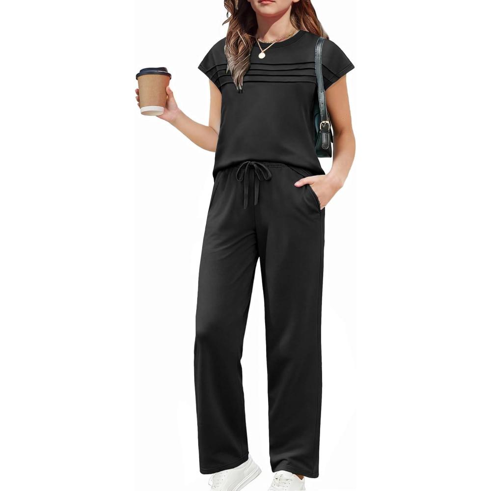 image:imageArshiner Girls 2 Piece Outfits Summer Clothes Short Sleeve Crewneck Tops Wide Leg Pants Trendy Clothing SetsBlack