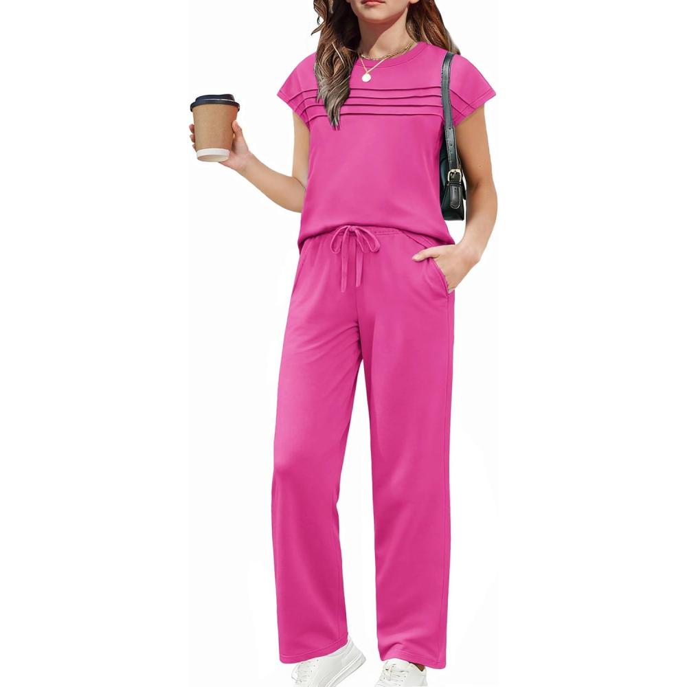 image:imageArshiner Girls 2 Piece Outfits Summer Clothes Short Sleeve Crewneck Tops Wide Leg Pants Trendy Clothing SetsRose Red