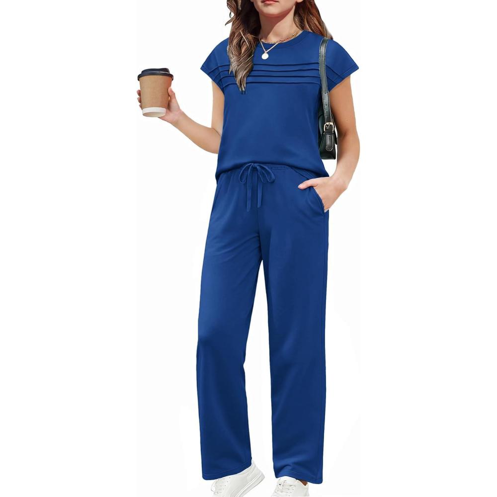 image:imageArshiner Girls 2 Piece Outfits Summer Clothes Short Sleeve Crewneck Tops Wide Leg Pants Trendy Clothing SetsRoyal Blue