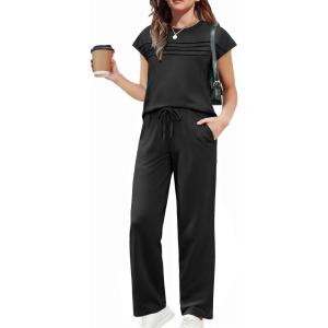 Arshiner Girls 2 Piece Outfits Summer Clothes Short Sleeve Crewneck Tops Wide Leg Pants Trendy Clothing Sets(Black)