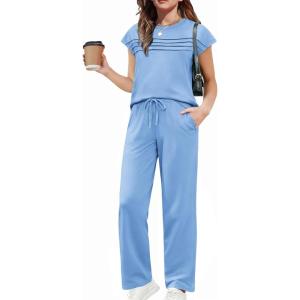 Arshiner Girls 2 Piece Outfits Summer Clothes Short Sleeve Crewneck Tops Wide Leg Pants Trendy Clothing Sets(Blue)