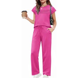 Arshiner Girls 2 Piece Outfits Summer Clothes Short Sleeve Crewneck Tops Wide Leg Pants Trendy Clothing Sets(Rose Red)