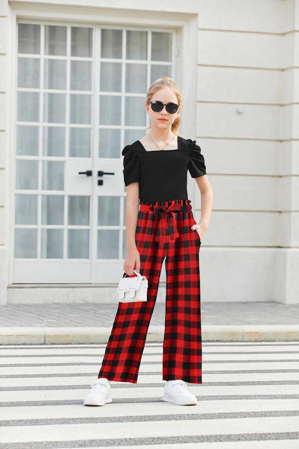 image:imageArshiner Girls 2 Pieces Outfits Kids Square Neck Puff Sleeve Tops and Pants Set with Pockets 614 YearsBlack Red Plaid