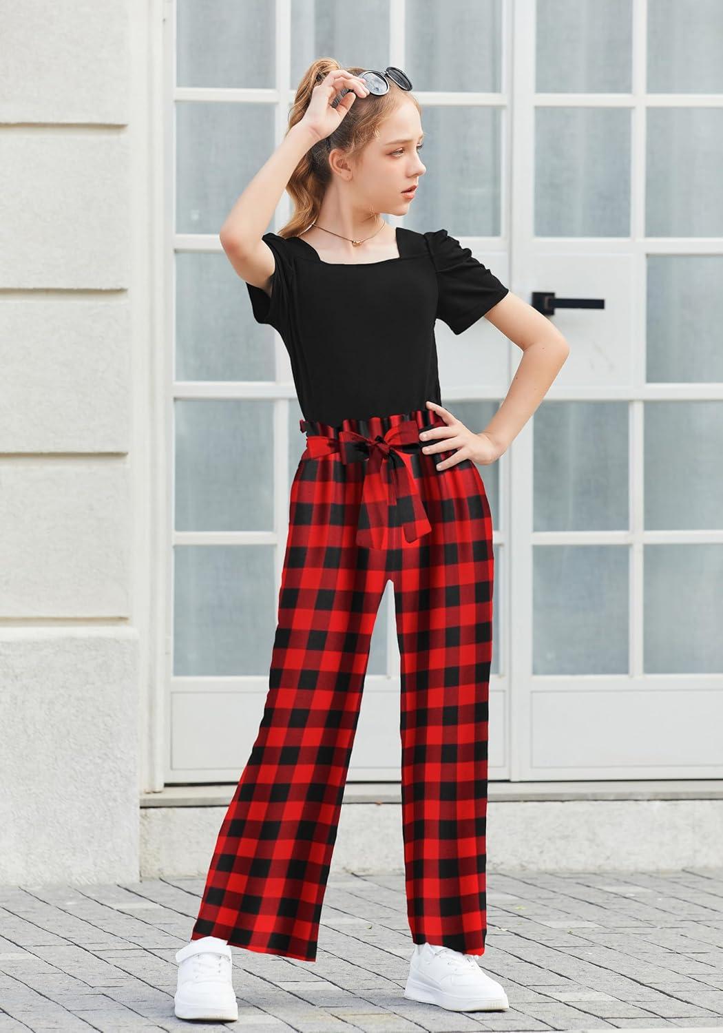 image:imageArshiner Girls 2 Pieces Outfits Kids Square Neck Puff Sleeve Tops and Pants Set with Pockets 614 YearsBlack Red Plaid