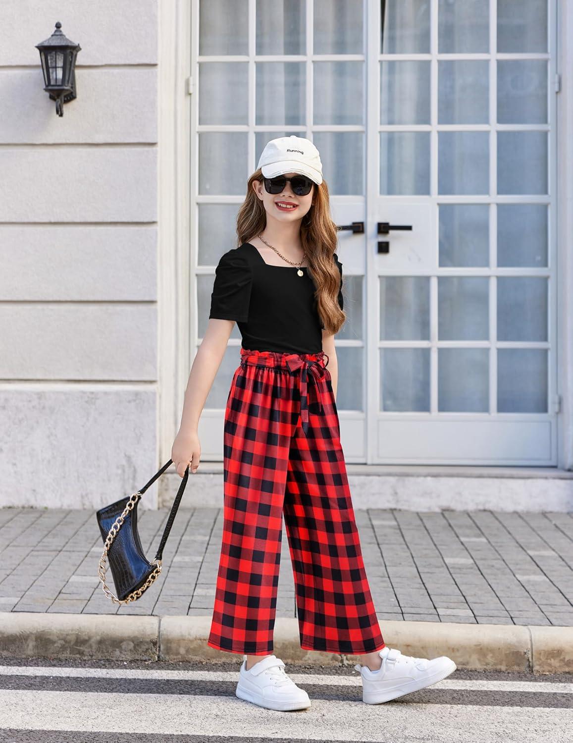 image:imageArshiner Girls 2 Pieces Outfits Kids Square Neck Puff Sleeve Tops and Pants Set with Pockets 614 YearsBlack Red Plaid