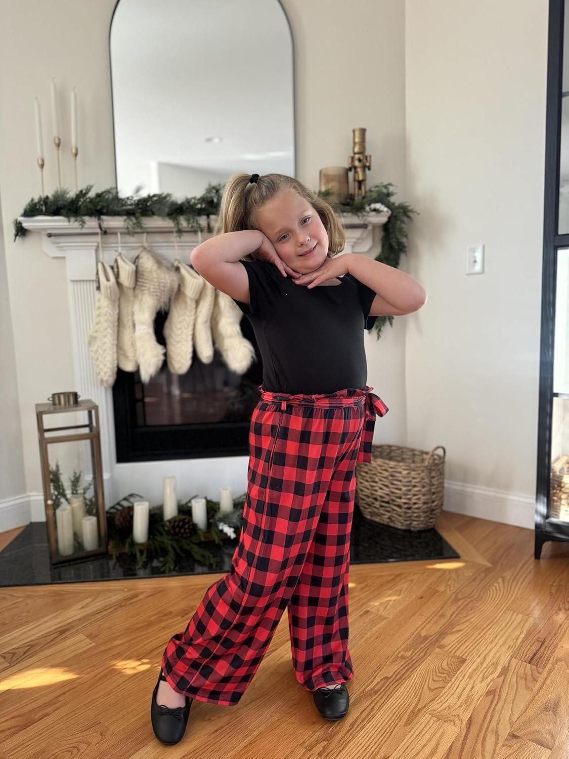 image:imageArshiner Girls 2 Pieces Outfits Kids Square Neck Puff Sleeve Tops and Pants Set with Pockets 614 YearsBlack Red Plaid