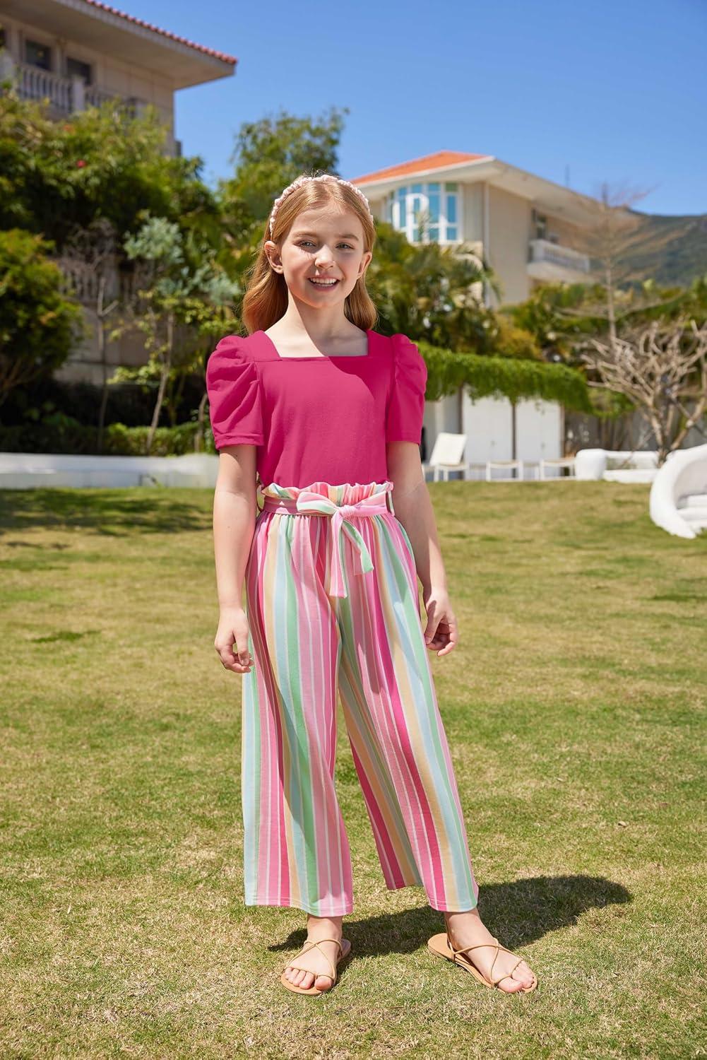 image:imageArshiner Girls 2 Pieces Outfits Kids Square Neck Puff Sleeve Tops and Pants Set with Pockets 614 YearsHot Pink Stripe