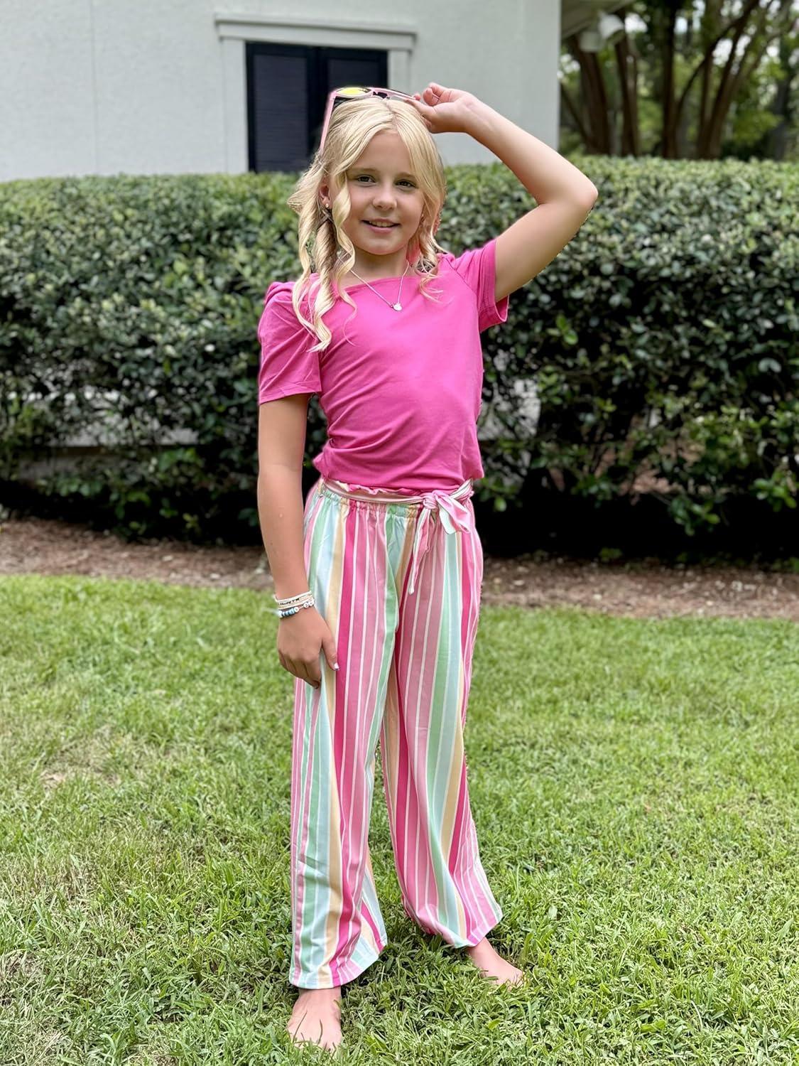 image:imageArshiner Girls 2 Pieces Outfits Kids Square Neck Puff Sleeve Tops and Pants Set with Pockets 614 YearsHot Pink Stripe