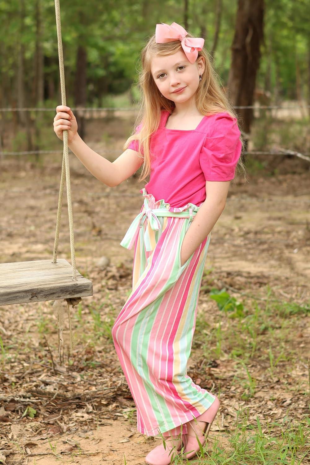 image:imageArshiner Girls 2 Pieces Outfits Kids Square Neck Puff Sleeve Tops and Pants Set with Pockets 614 YearsHot Pink Stripe