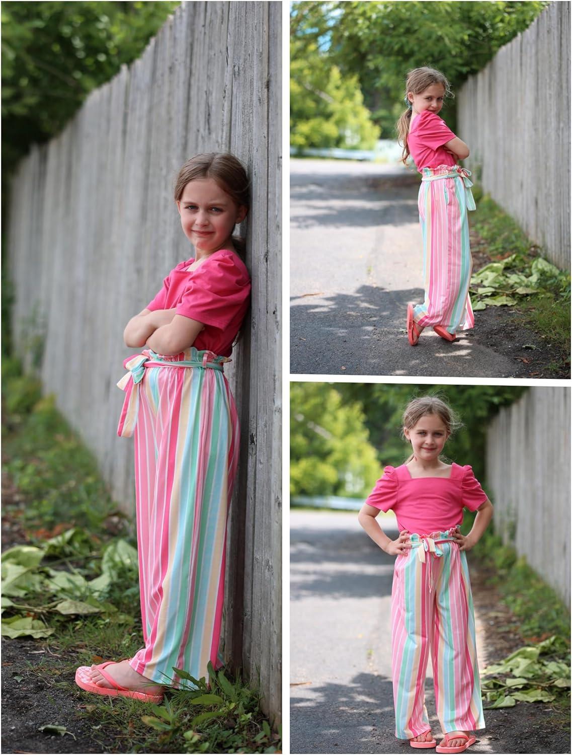 image:imageArshiner Girls 2 Pieces Outfits Kids Square Neck Puff Sleeve Tops and Pants Set with Pockets 614 YearsHot Pink Stripe