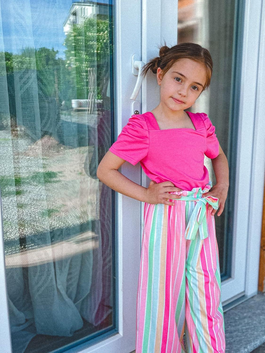 image:imageArshiner Girls 2 Pieces Outfits Kids Square Neck Puff Sleeve Tops and Pants Set with Pockets 614 YearsHot Pink Stripe