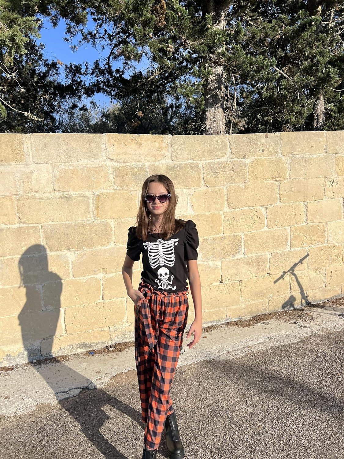 image:imageArshiner Girls 2 Pieces Outfits Kids Square Neck Puff Sleeve Tops and Pants Set with Pockets 614 YearsOrange Plaid