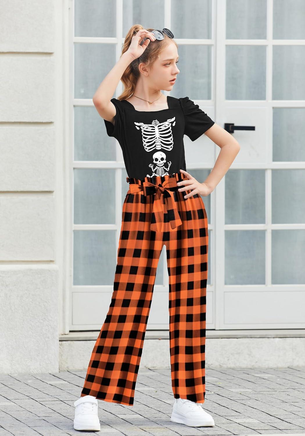 image:imageArshiner Girls 2 Pieces Outfits Kids Square Neck Puff Sleeve Tops and Pants Set with Pockets 614 YearsOrange Plaid