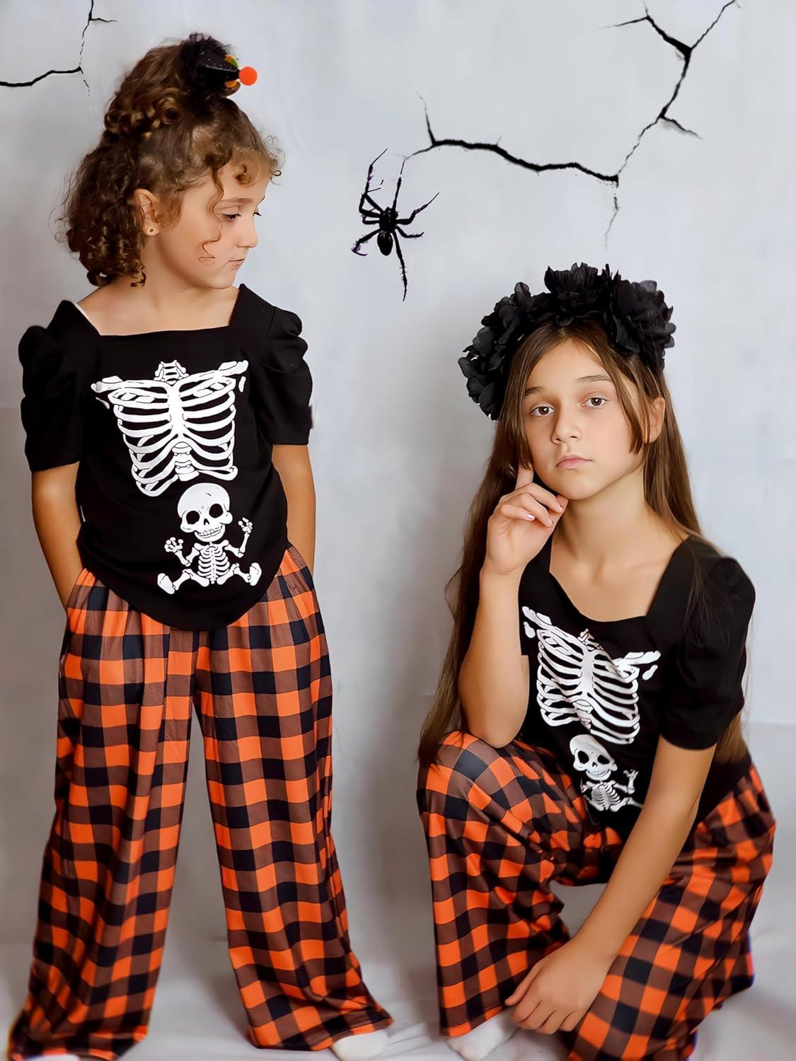 image:imageArshiner Girls 2 Pieces Outfits Kids Square Neck Puff Sleeve Tops and Pants Set with Pockets 614 YearsOrange Plaid