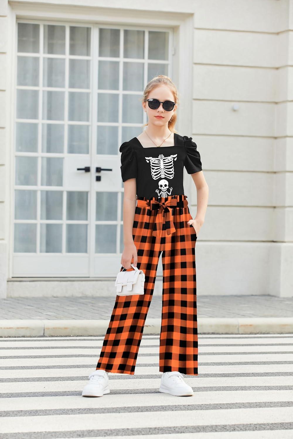 image:imageArshiner Girls 2 Pieces Outfits Kids Square Neck Puff Sleeve Tops and Pants Set with Pockets 614 YearsOrange Plaid