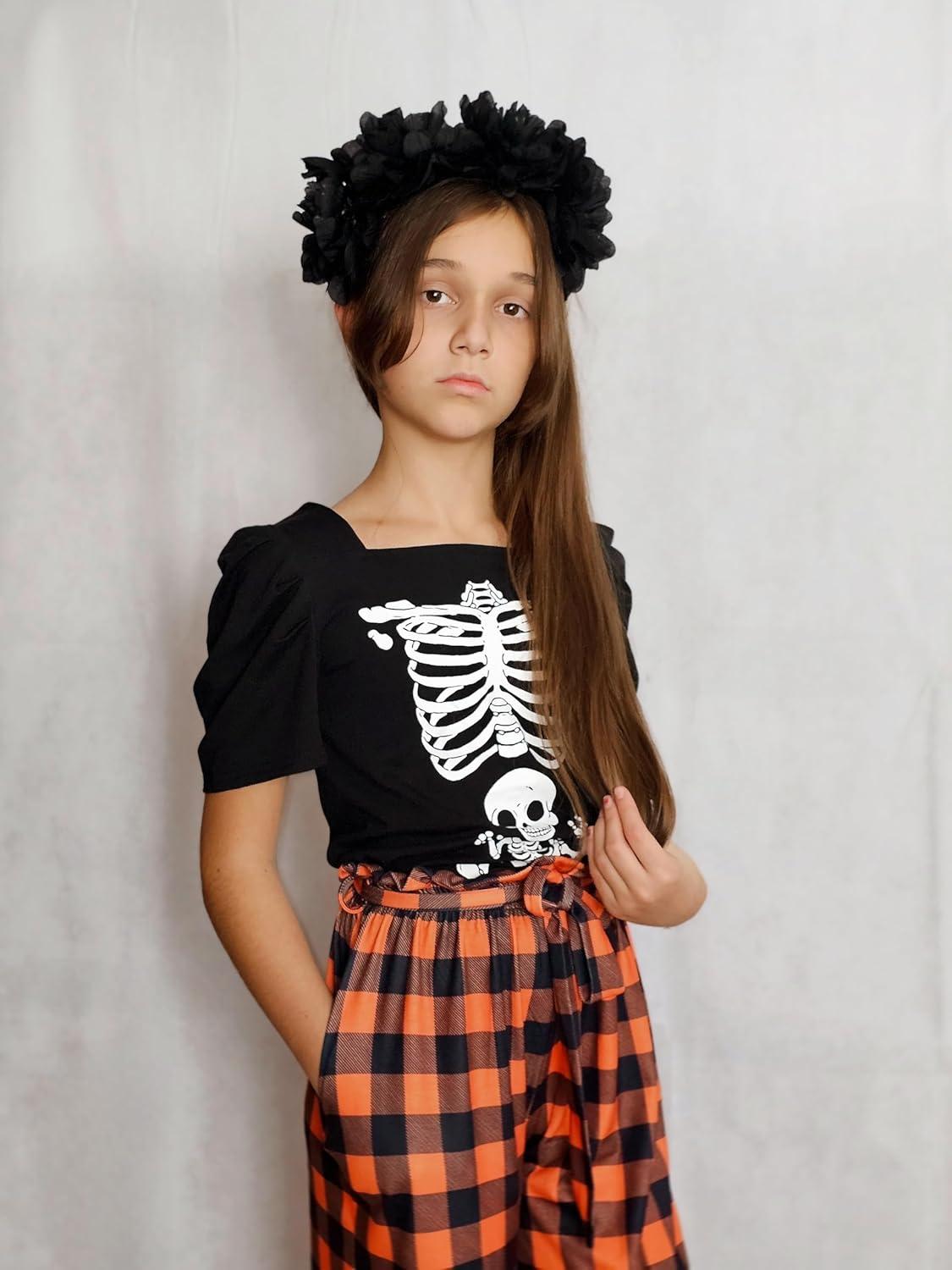 image:imageArshiner Girls 2 Pieces Outfits Kids Square Neck Puff Sleeve Tops and Pants Set with Pockets 614 YearsOrange Plaid